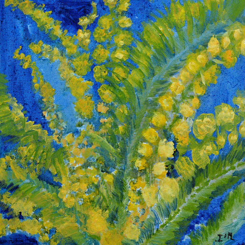 Branches de mimosa sur fond de ciel bleu Méditerranée.
Huile sur toile ,couleur jaune ,vert et bleu.