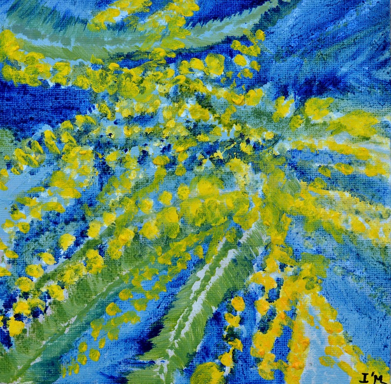 Branches de mimosa sur fond de ciel bleu Méditerranée.
Huile sur toile ,couleur jaune ,vert et bleu.